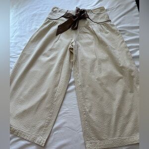 Cream Wide-Leg Eyelet Crop Pants with Brown Tie Waist